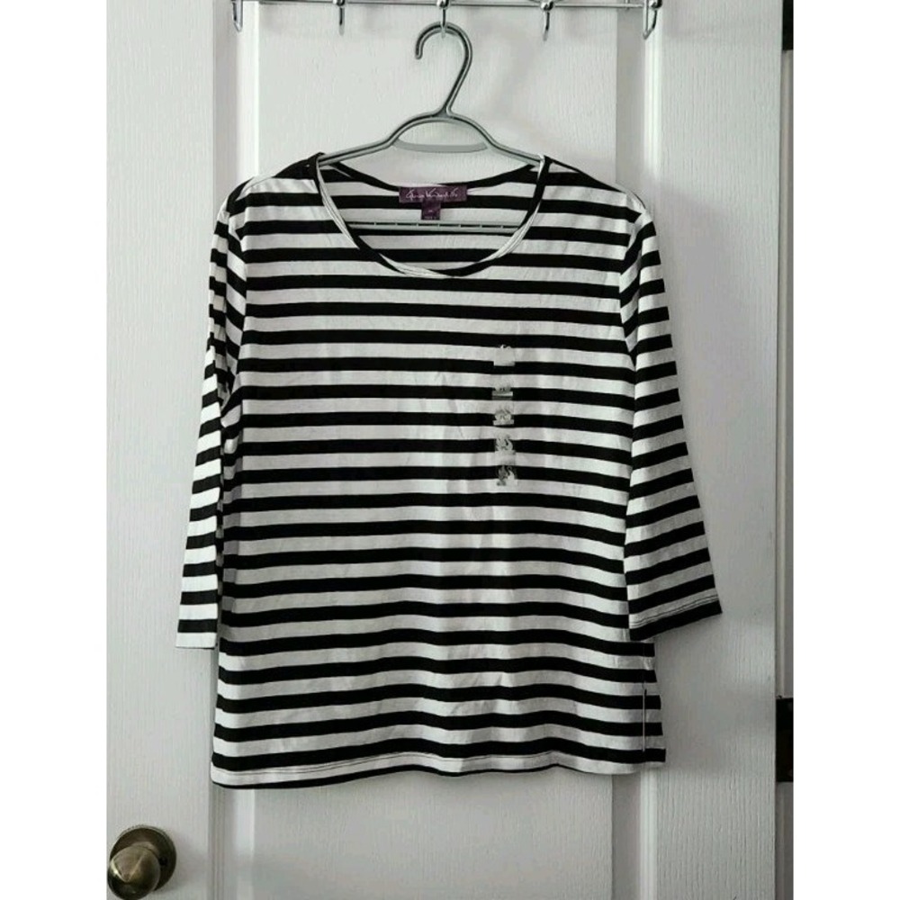 Gloria Vanderbilt Women's Striped Top 3/4 Sleeve Round Neck Cotton Size PL